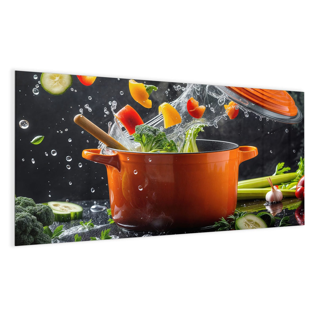 Oranger Emailletopf, aus dem Paprikastücke, Brokkoli und Wasser hochspritzen