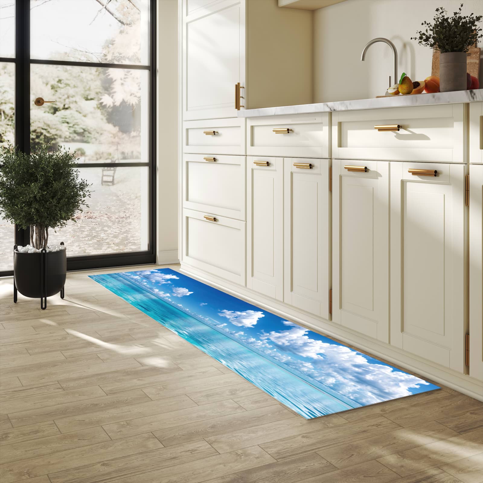 Schmutzabweisender Küchenläufer mit Motiv Meereshorizont in heller Küche