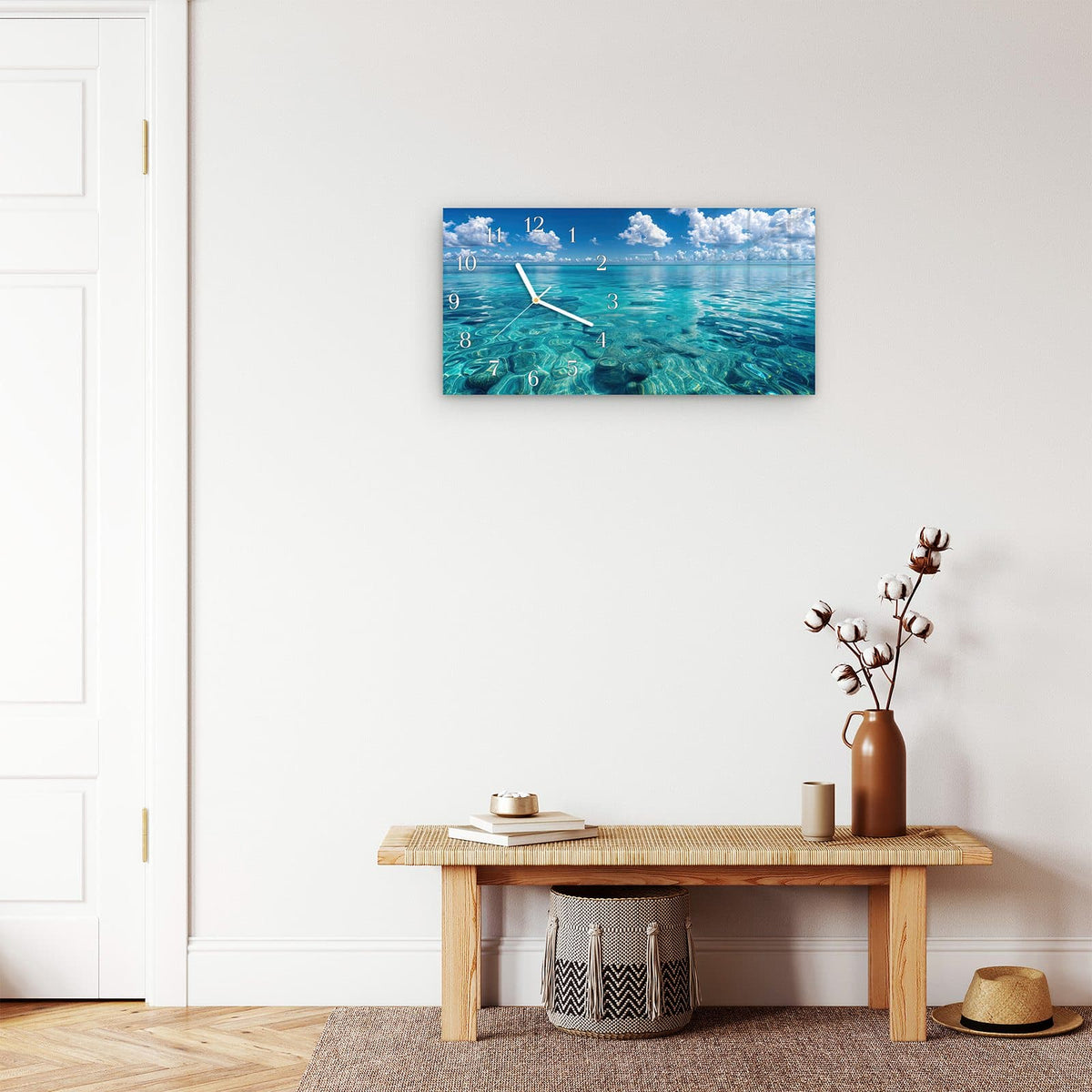 Moderne Wanduhr aus Glas mit Farbtiefe – Wanduhr Meereshorizont aus Glas – Querformat 60 × 30 cm