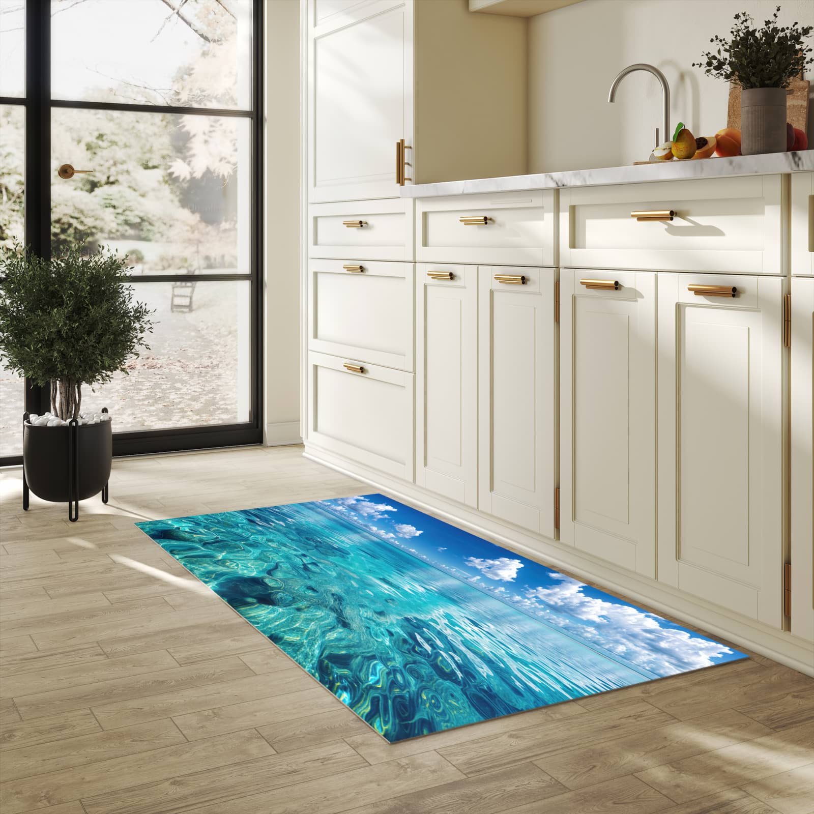 Abwaschbarer Küchenteppich mit Motiv Meereshorizont in heller Küche