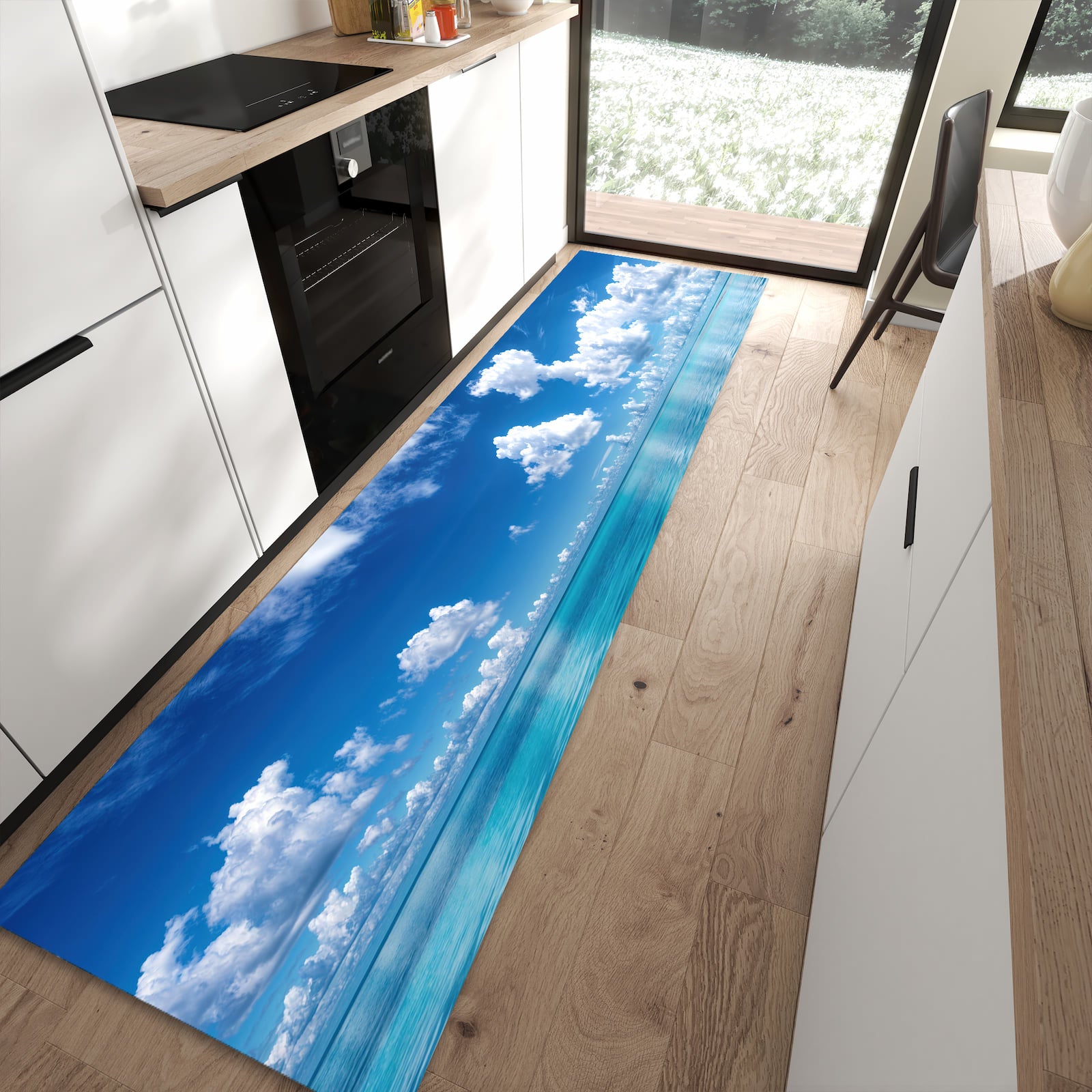 Langlebiger waschbarer Küchenteppich mit Motiv Meereshorizont in moderner Küche