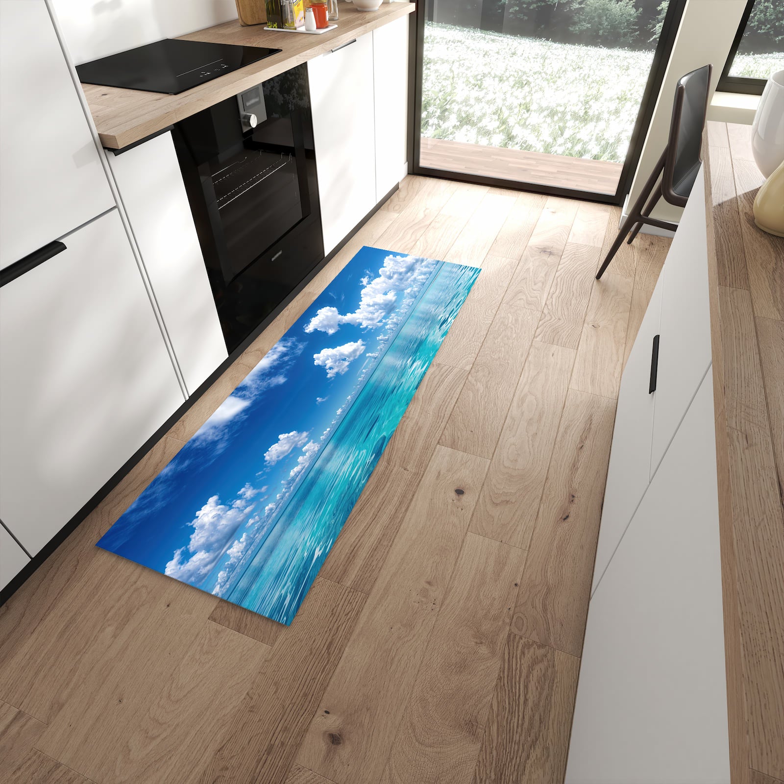 Langlebiger Küchenläufer mit Motiv Meereshorizont in moderner Küche