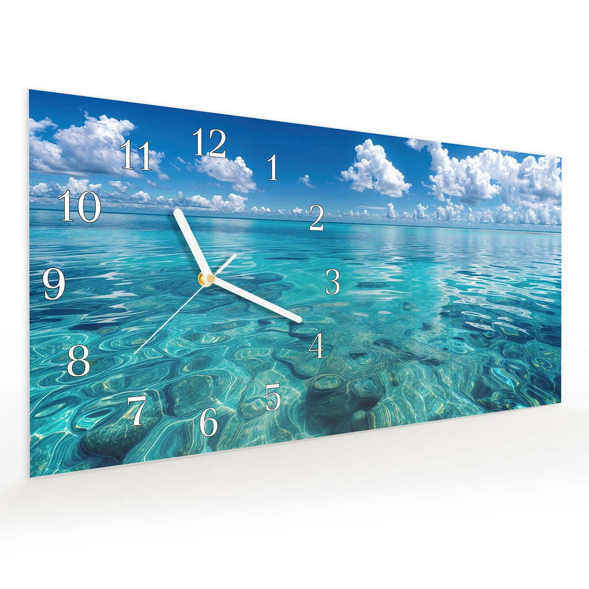 Vormontiert – mit Schwebeeffekt – Wanduhr Meereshorizont aus Glas – Querformat 60 × 30 cm