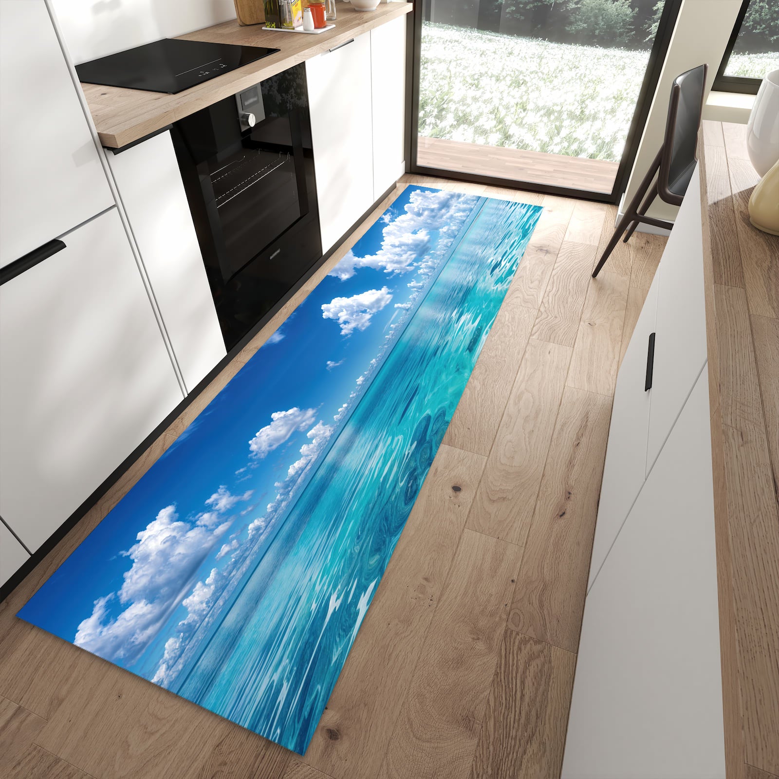 Waschbarer Küchenteppich mit Motiv Meereshorizont in moderner Küche