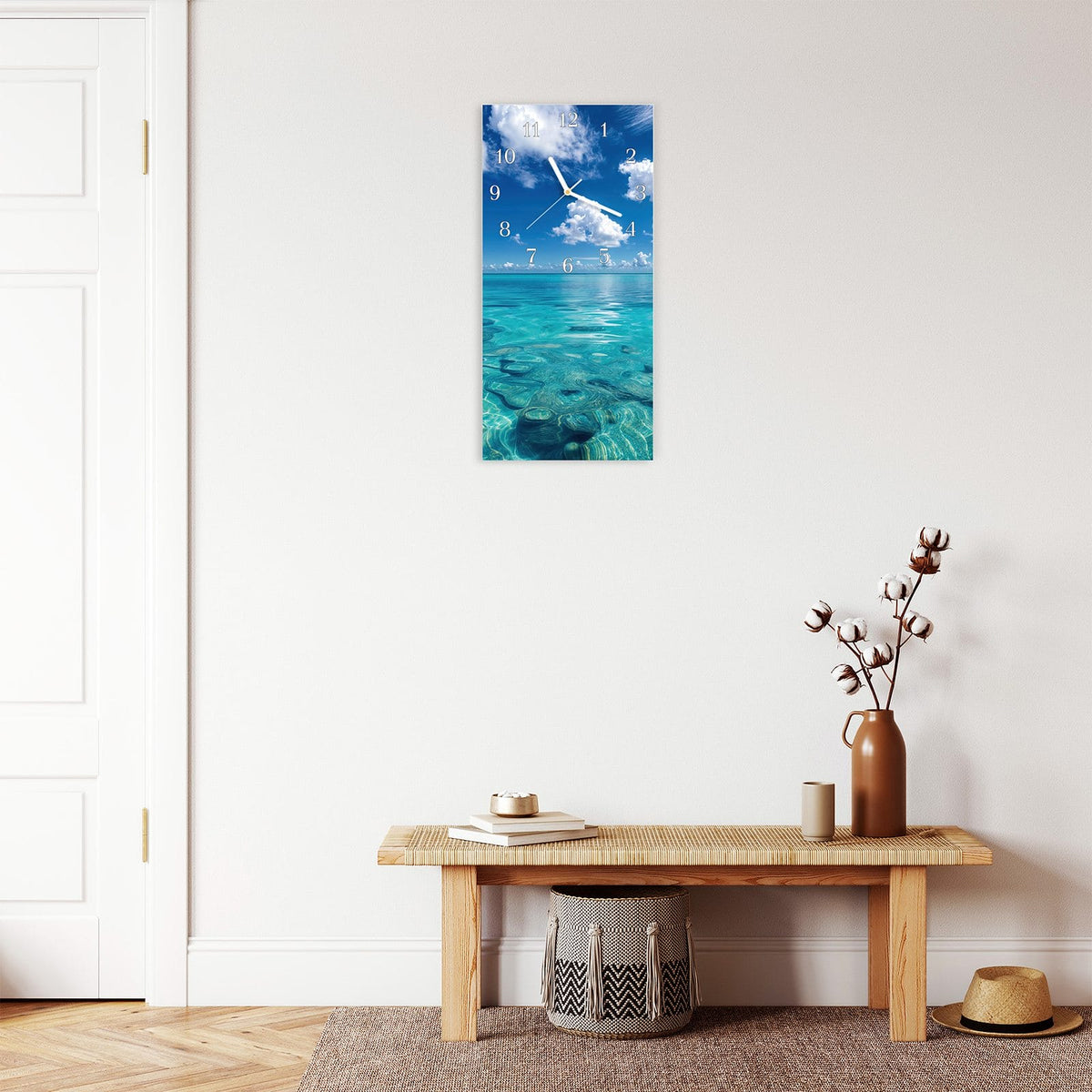 Moderne Wanduhr aus Glas mit Farbtiefe – Wanduhr Meereshorizont aus Glas – Hochformat 30 × 60 cm