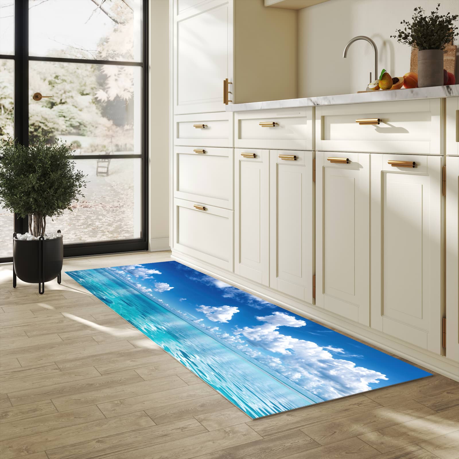 Pflegeleichter waschbarer Küchenläufer mit Motiv Meereshorizont in heller Küche