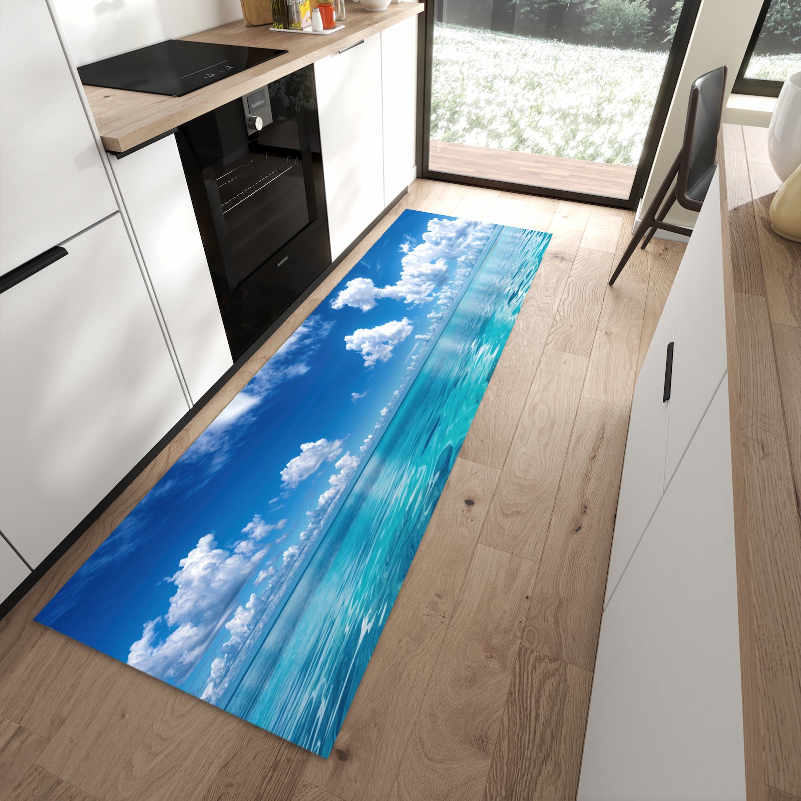 Strapazierfähiger Küchenteppich mit Motiv Meereshorizont in moderner Küche