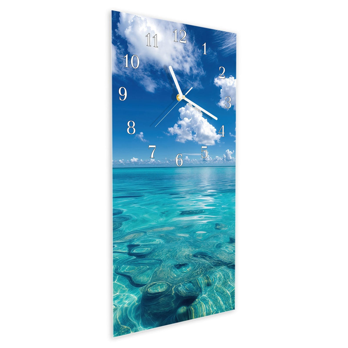 Vormontiert – mit Schwebeeffekt – Wanduhr Meereshorizont aus Glas – Hochformat 30 × 60 cm