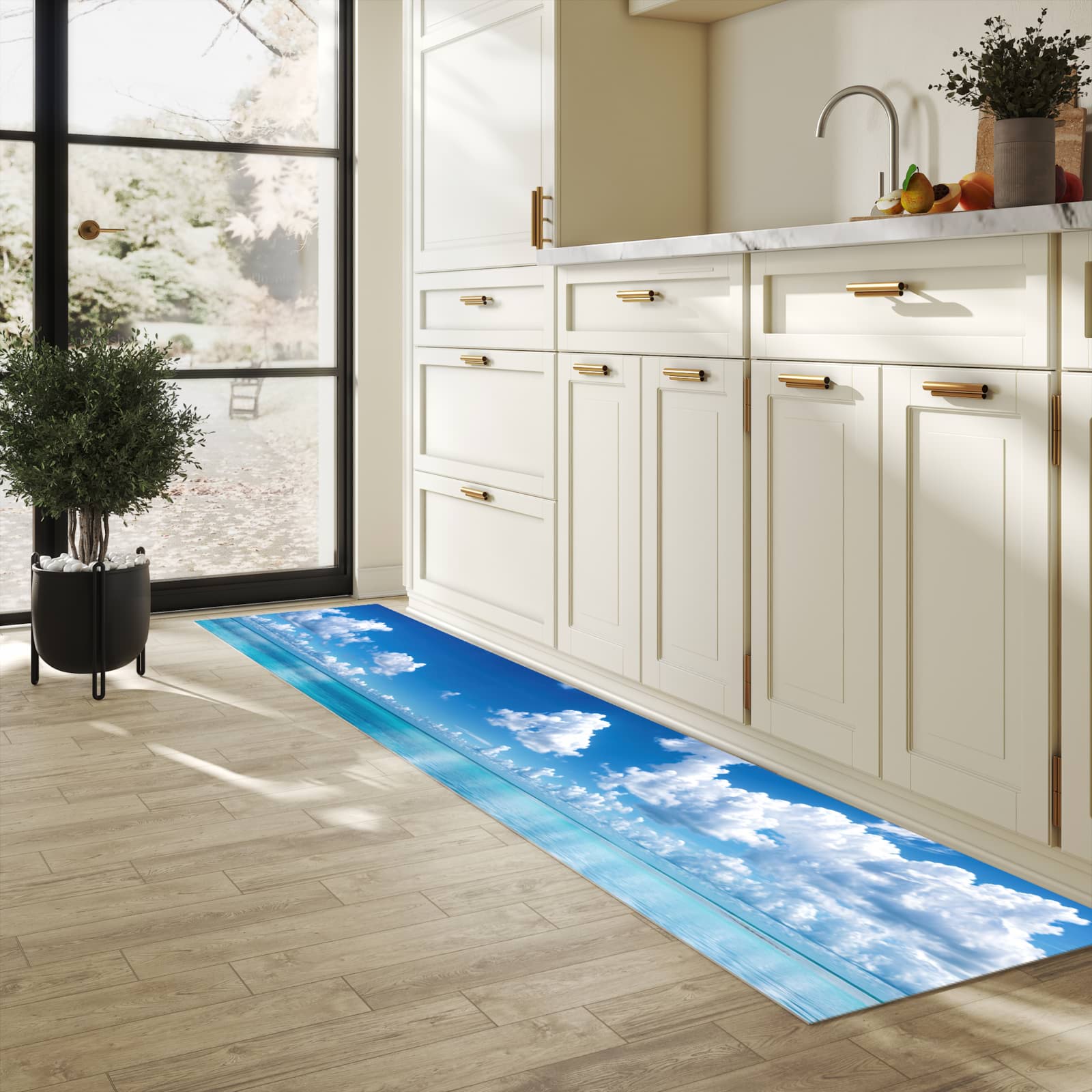 Geruchsneutraler rutschfester Küchenläufer mit Motiv Meereshorizont in heller Küche