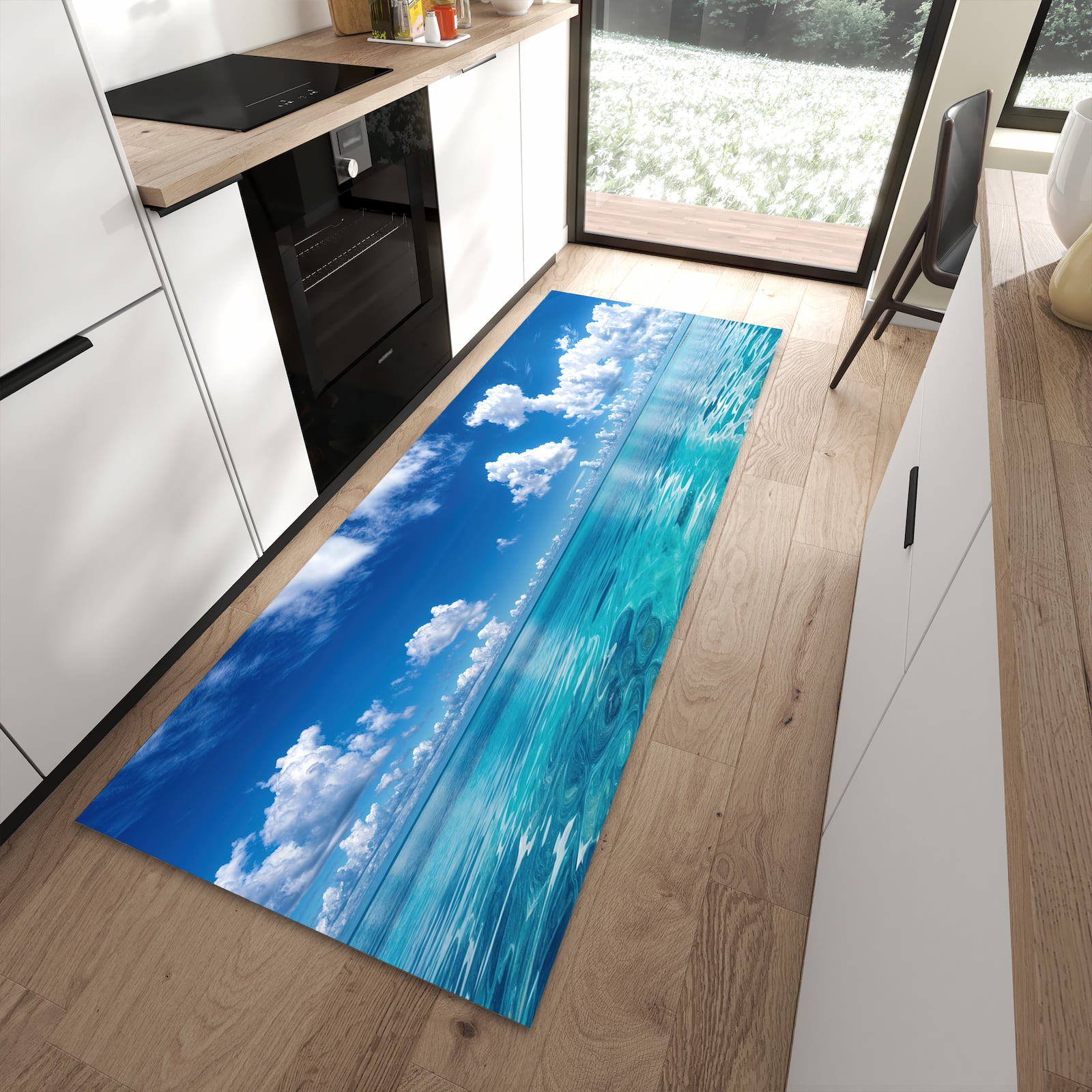 Feuchtigkeitsresistenter Küchenteppich mit Motiv Meereshorizont in moderner Küche
