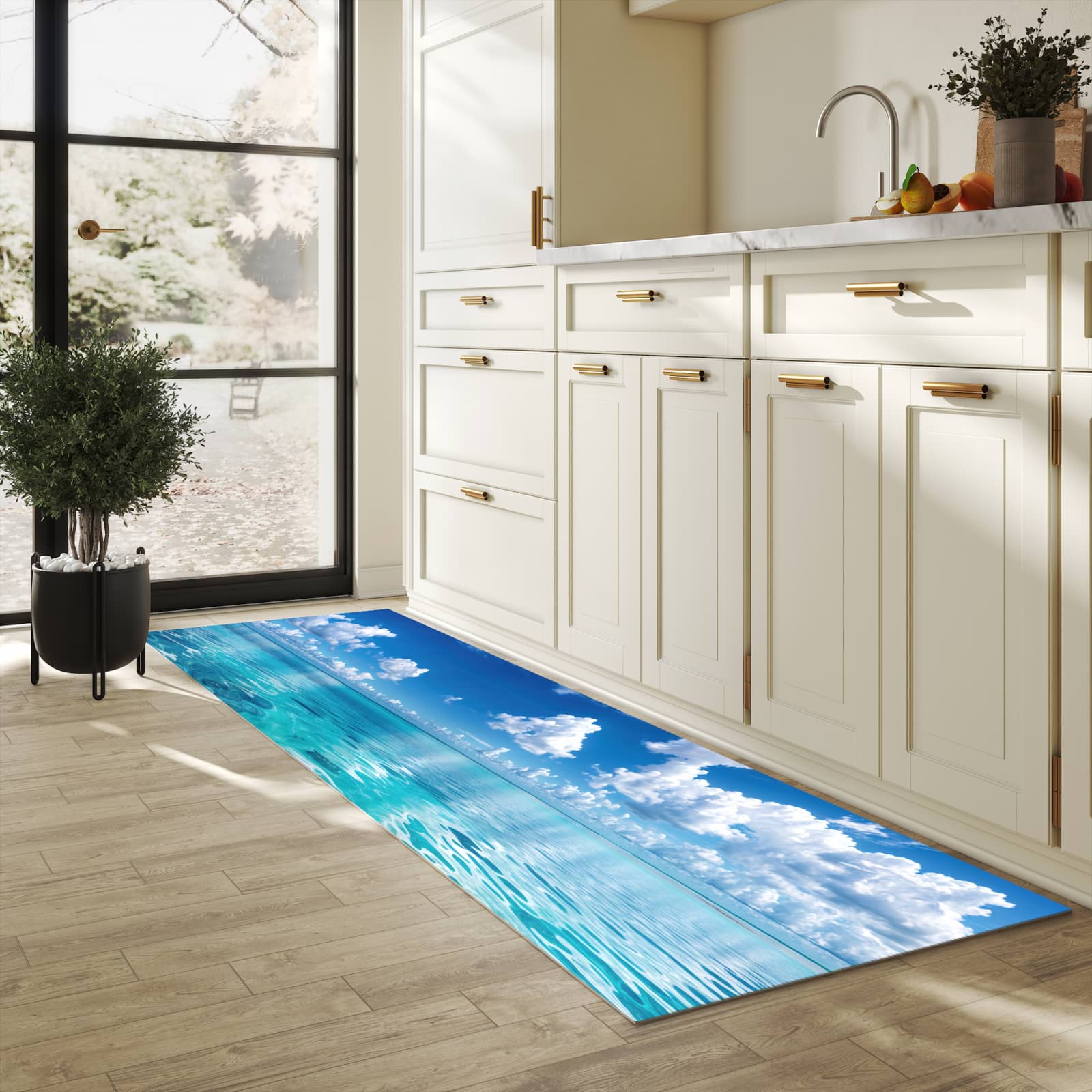 Komfortabler moderner Küchenläufer mit Motiv Meereshorizont in heller Küche