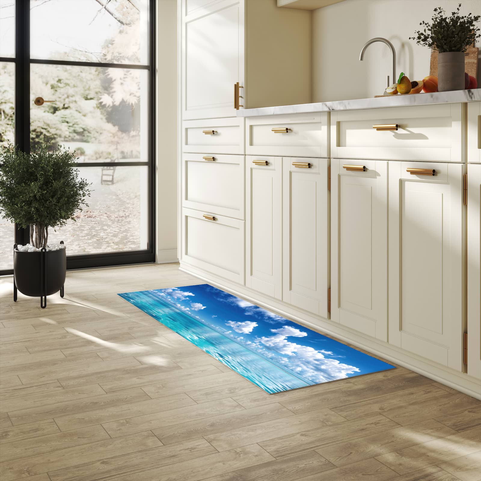 Wasserabweisender rutschfester Küchenläufer mit Motiv Meereshorizont in heller Küche