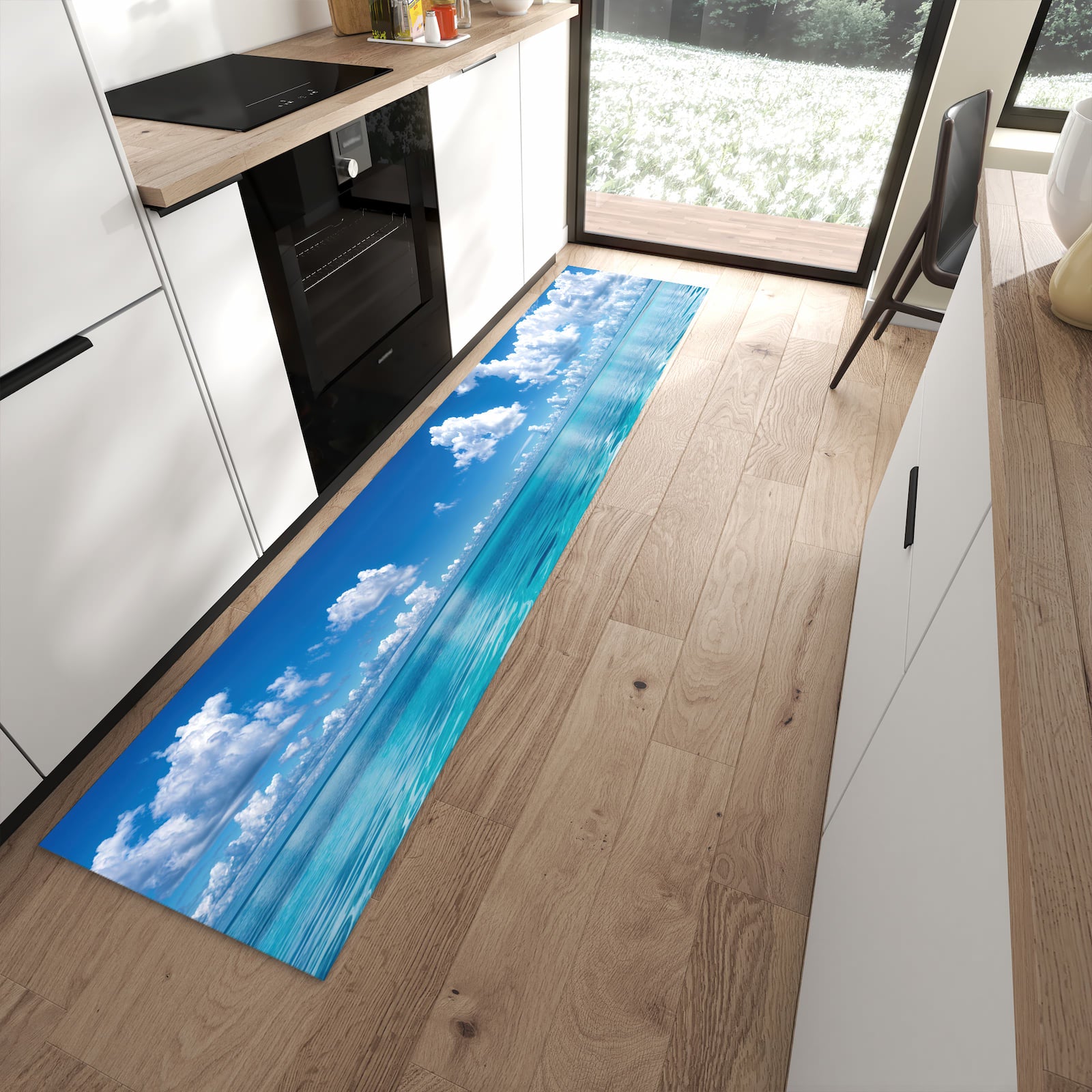 Rutschfester Küchenteppich mit Motiv Meereshorizont in moderner Küche