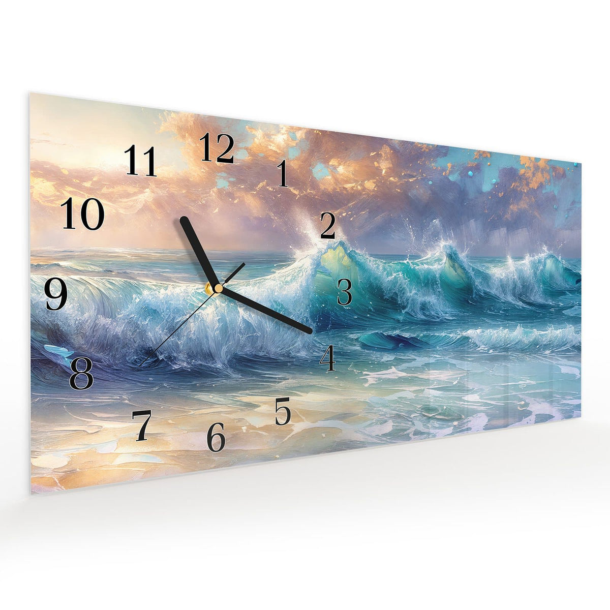 Vormontiert – mit Schwebeeffekt – Wanduhr Ozeanwellen Sonnenaufgang aus Glas – Querformat 60 × 30 cm