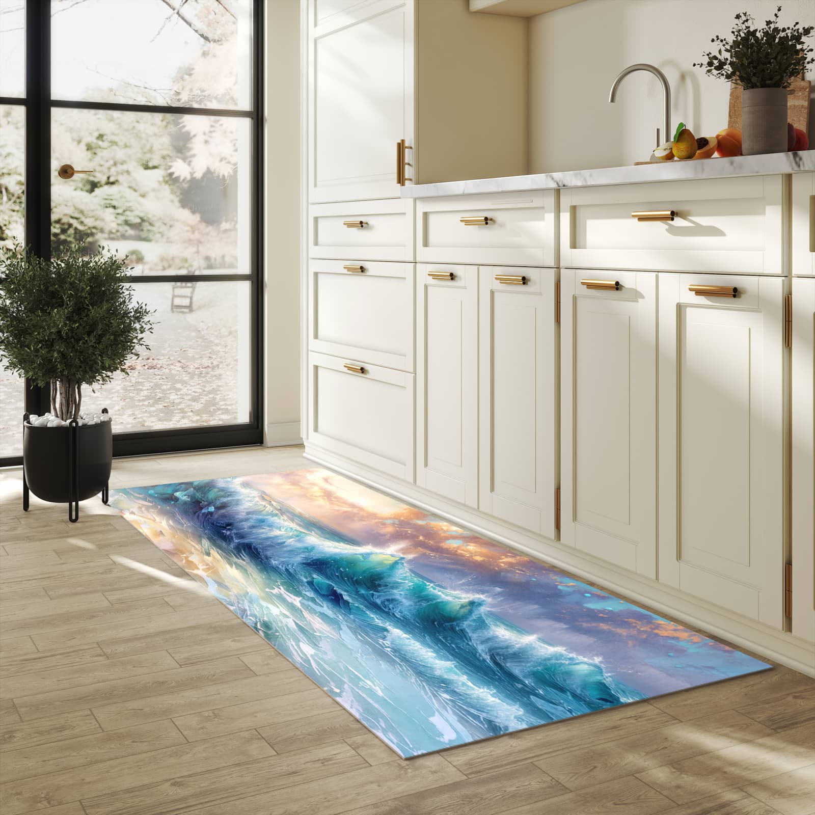 Abriebfester Küchenläufer mit Motiv Ozeanwellen Sonnenaufgang in heller Küche