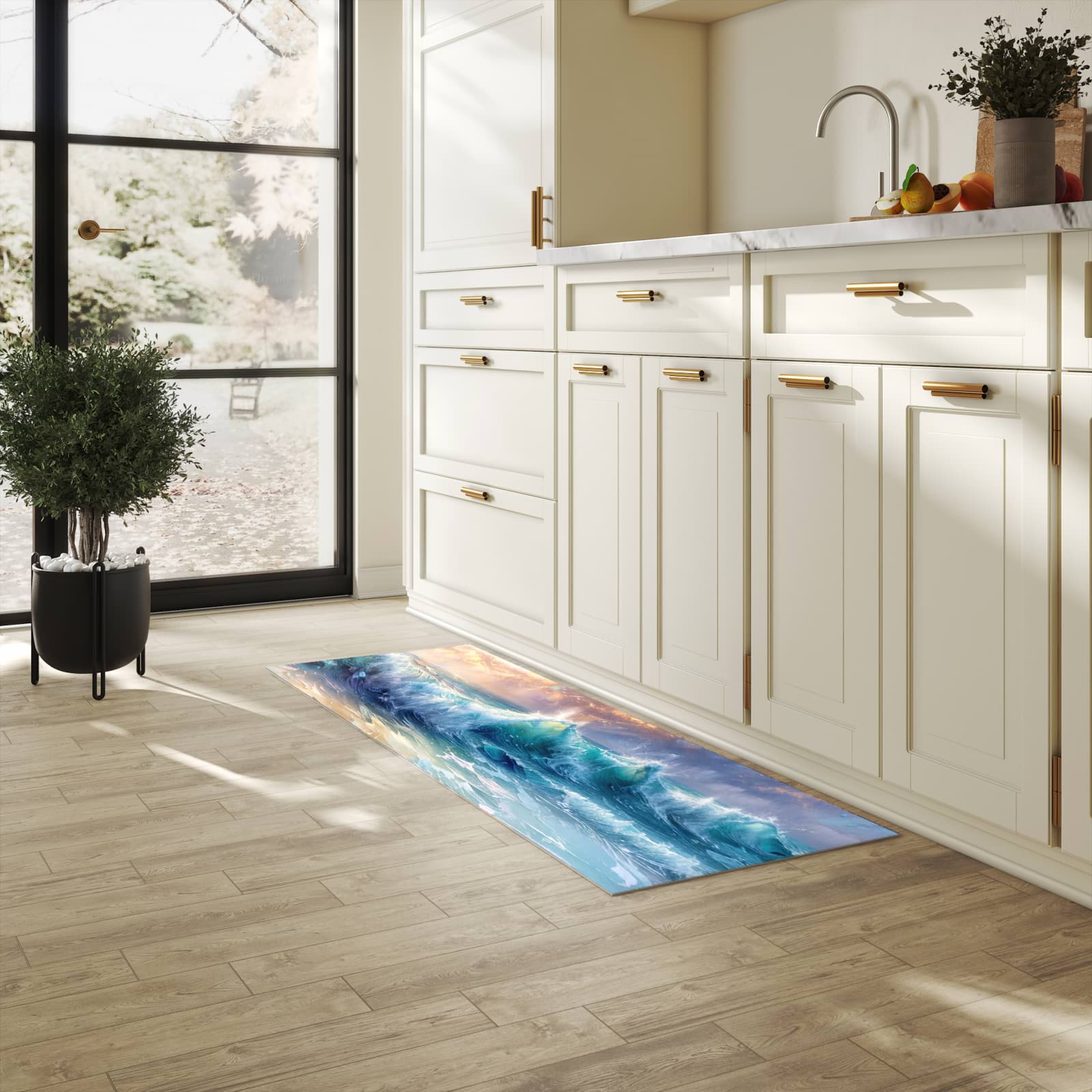 Rutschfester Küchenteppich mit Motiv Ozeanwellen Sonnenaufgang in heller Küche