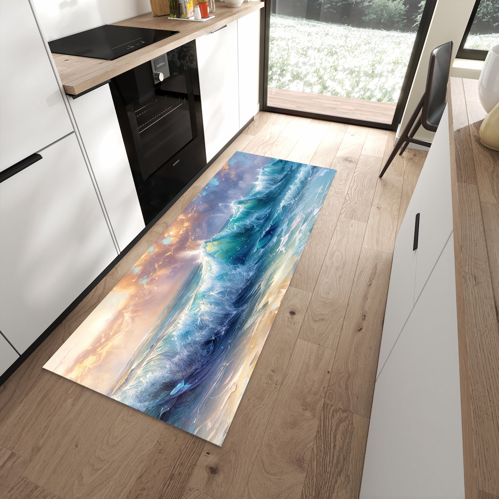Geräuschdämpfender Küchenteppich mit Motiv Ozeanwellen Sonnenaufgang in moderner Küche