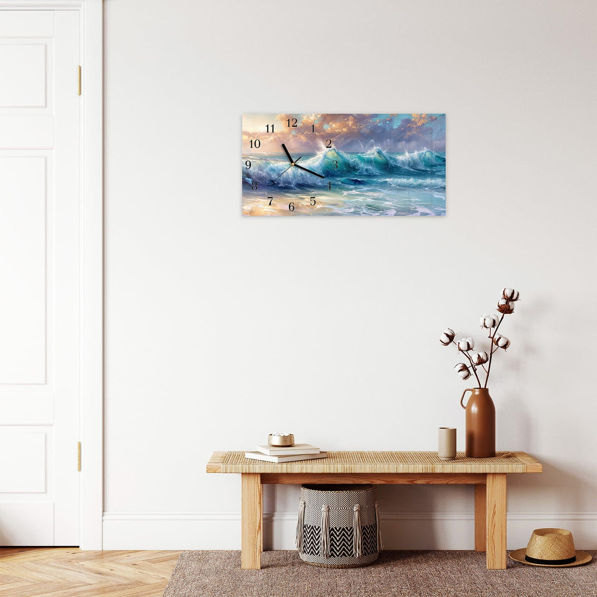 Moderne Wanduhr aus Glas mit Farbtiefe – Wanduhr Ozeanwellen Sonnenaufgang aus Glas – Querformat 60 × 30 cm