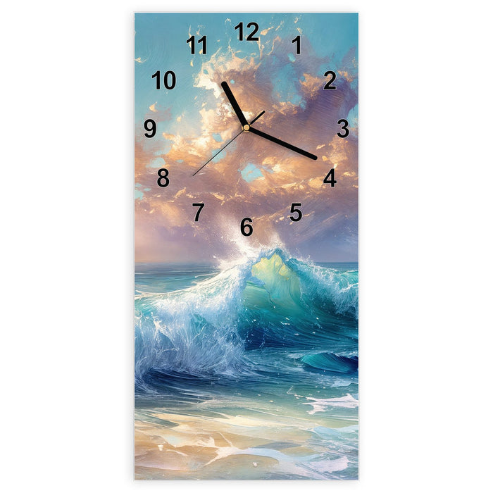 Wanduhr Ozeanwellen Sonnenaufgang aus Glas – Hochformat 30 × 60 cm mit Ziffernblatt Modern