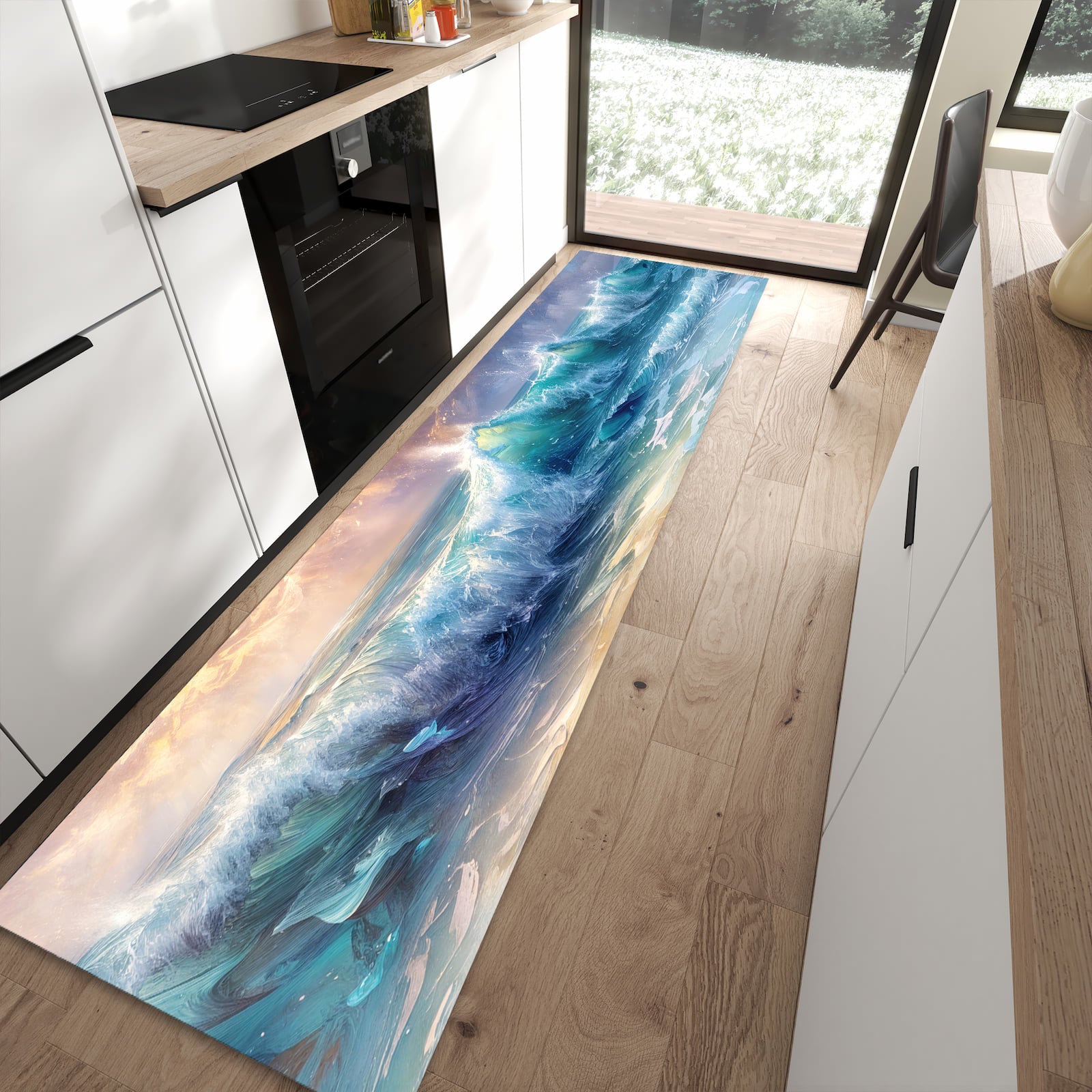Komfortabler Küchenteppich mit Motiv Ozeanwellen Sonnenaufgang in moderner Küche