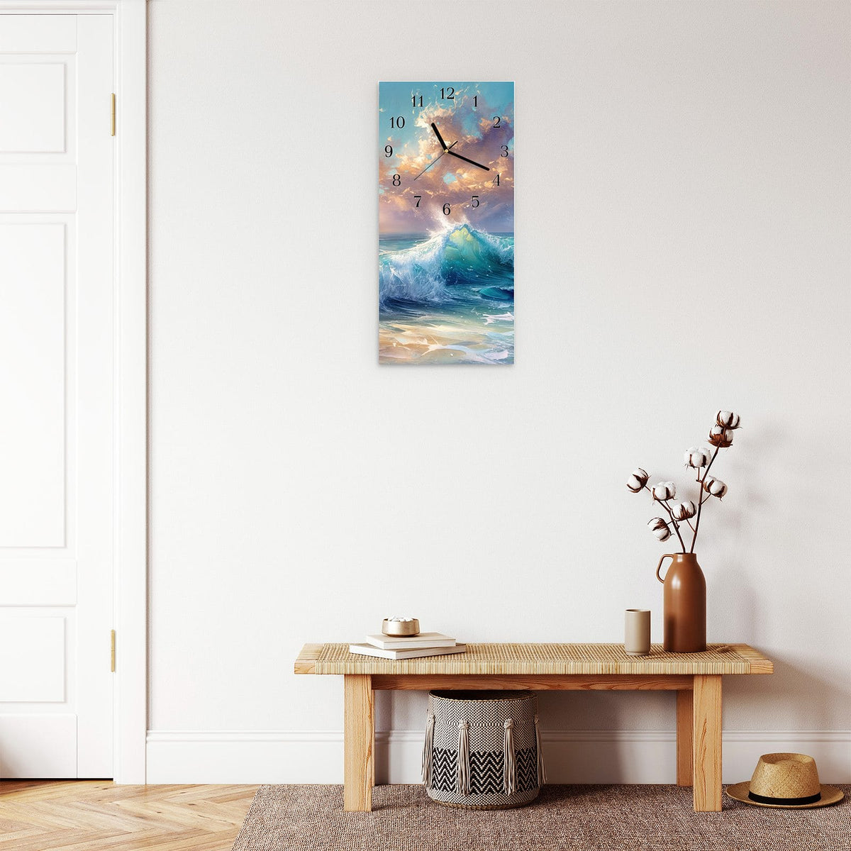 Moderne Wanduhr aus Glas mit Farbtiefe – Wanduhr Ozeanwellen Sonnenaufgang aus Glas – Hochformat 30 × 60 cm