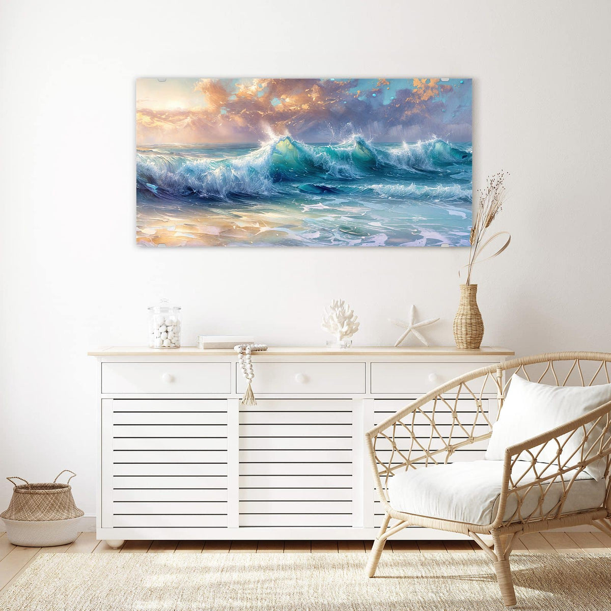 Echtglas, 4 mm – kein Acryl, keine Folie – Wandbild - Schäumende Wellen - Querformat