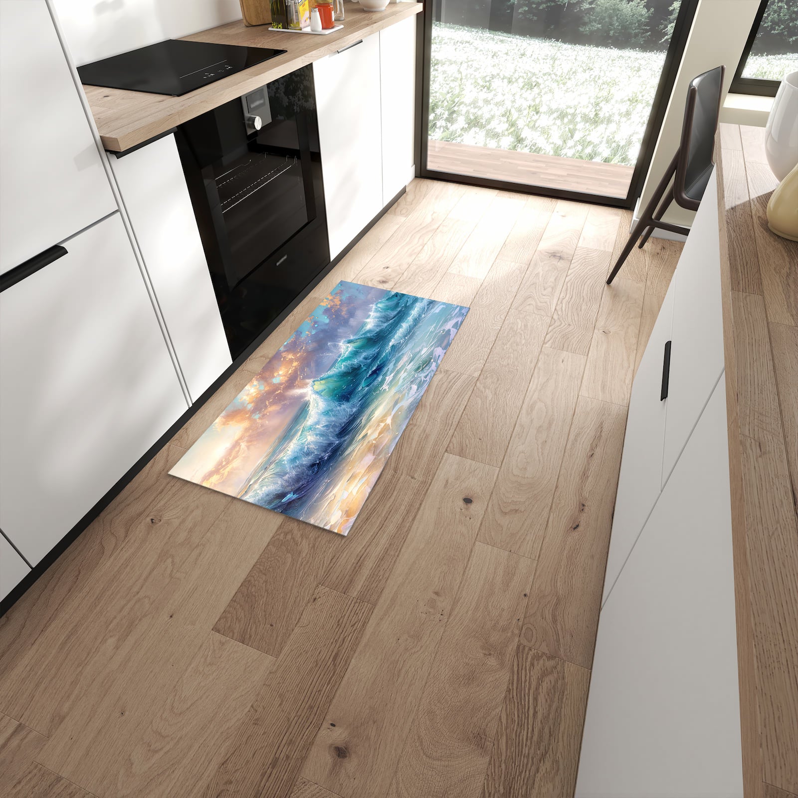 Bodenschonender rutschfester Küchenläufer mit Motiv Ozeanwellen Sonnenaufgang in moderner Küche #grösse_60 x 120 cm