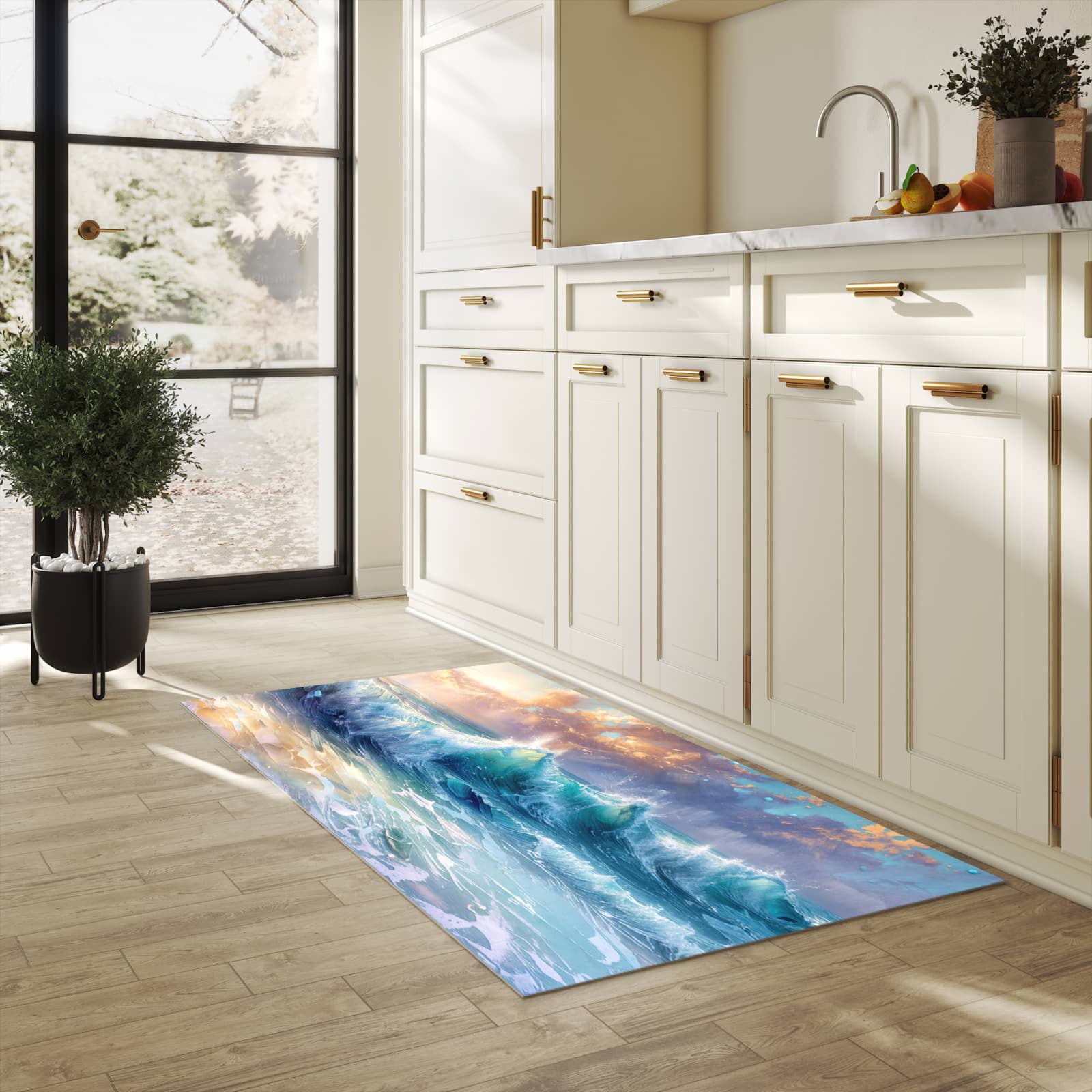 Geräuschdämpfender Küchenläufer mit Motiv Ozeanwellen Sonnenaufgang in heller Küche