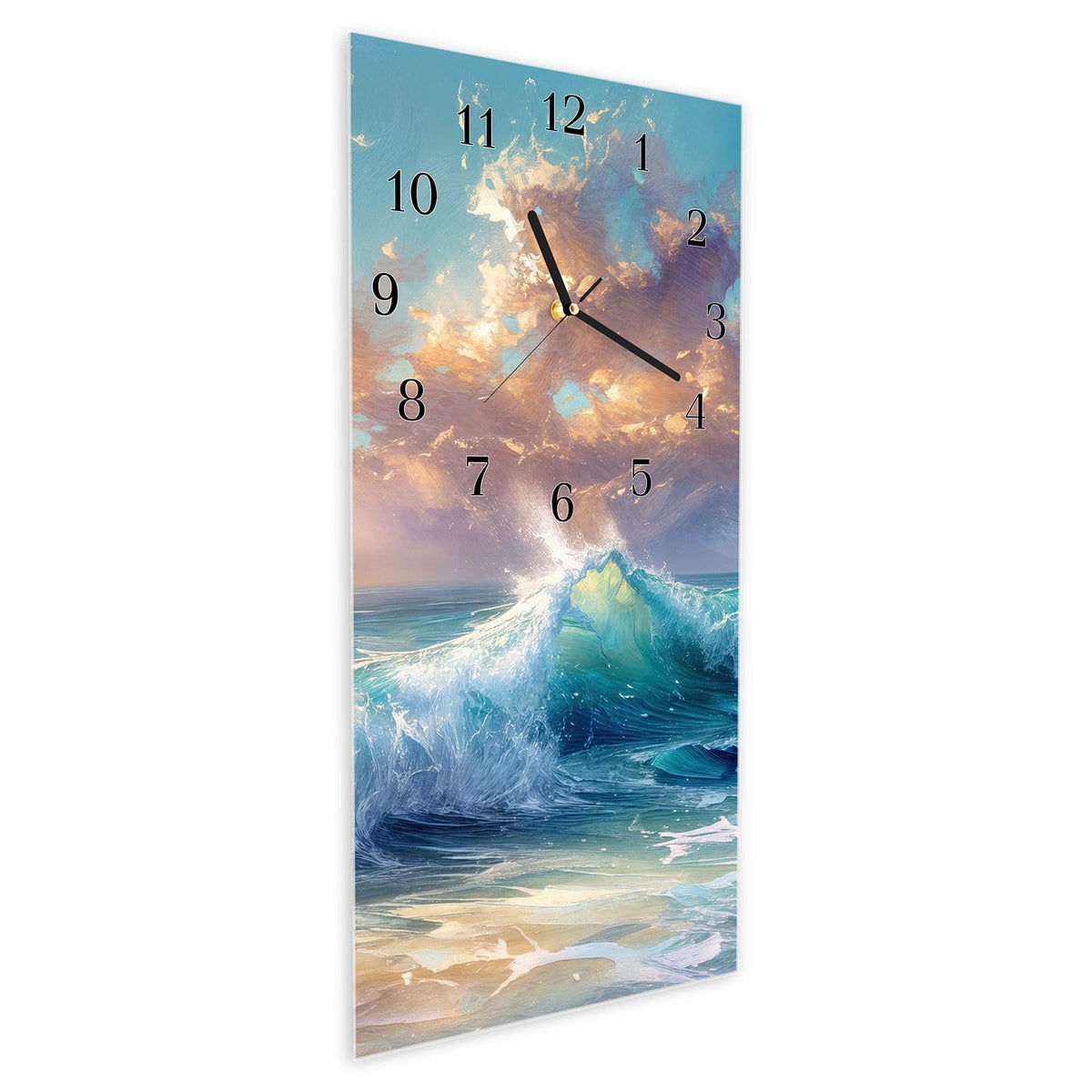 Vormontiert – mit Schwebeeffekt – Wanduhr Ozeanwellen Sonnenaufgang aus Glas – Hochformat 30 × 60 cm