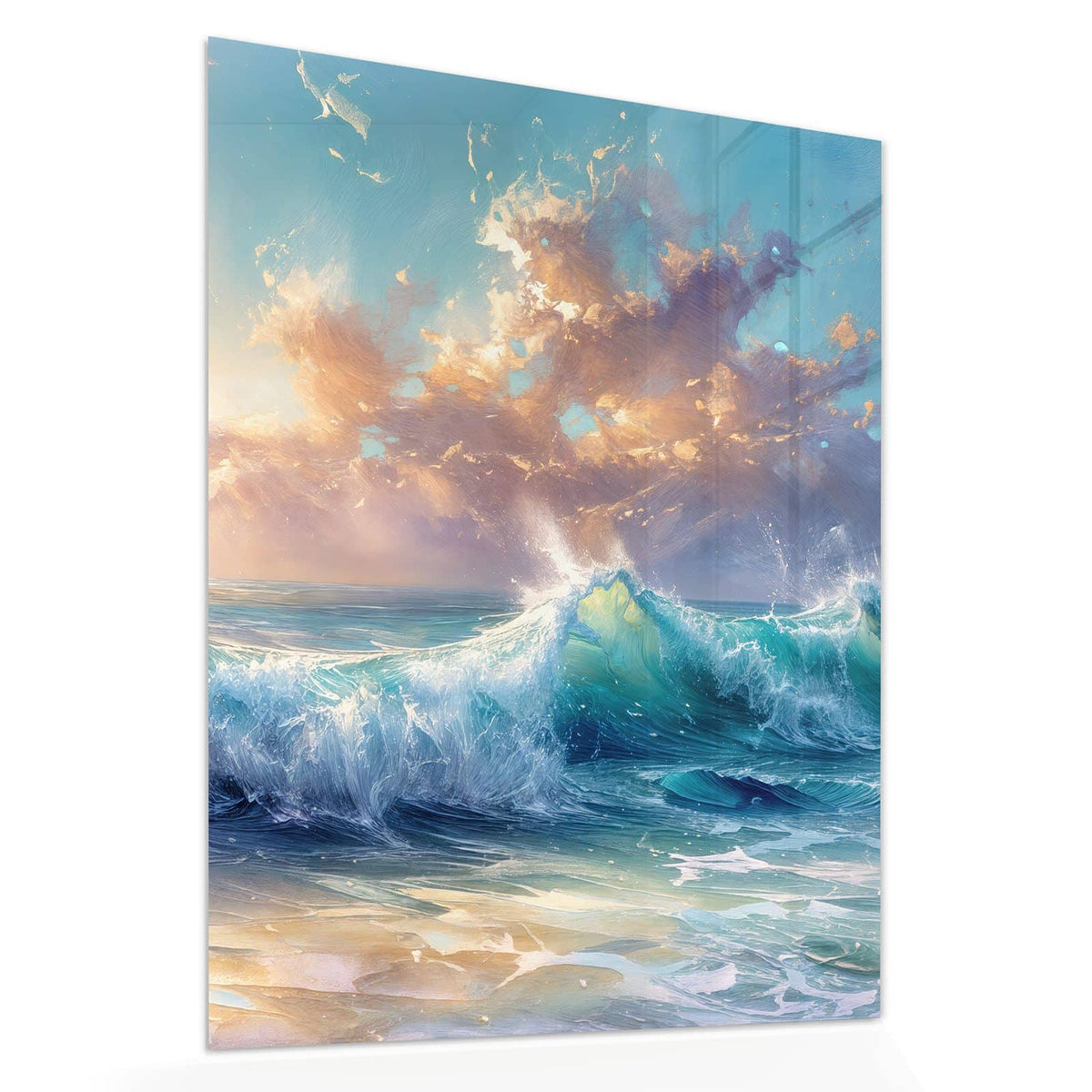 Echtglas, 4 mm – kein Acryl, keine Folie – Wandbild - Schäumende Wellen - Hochformat