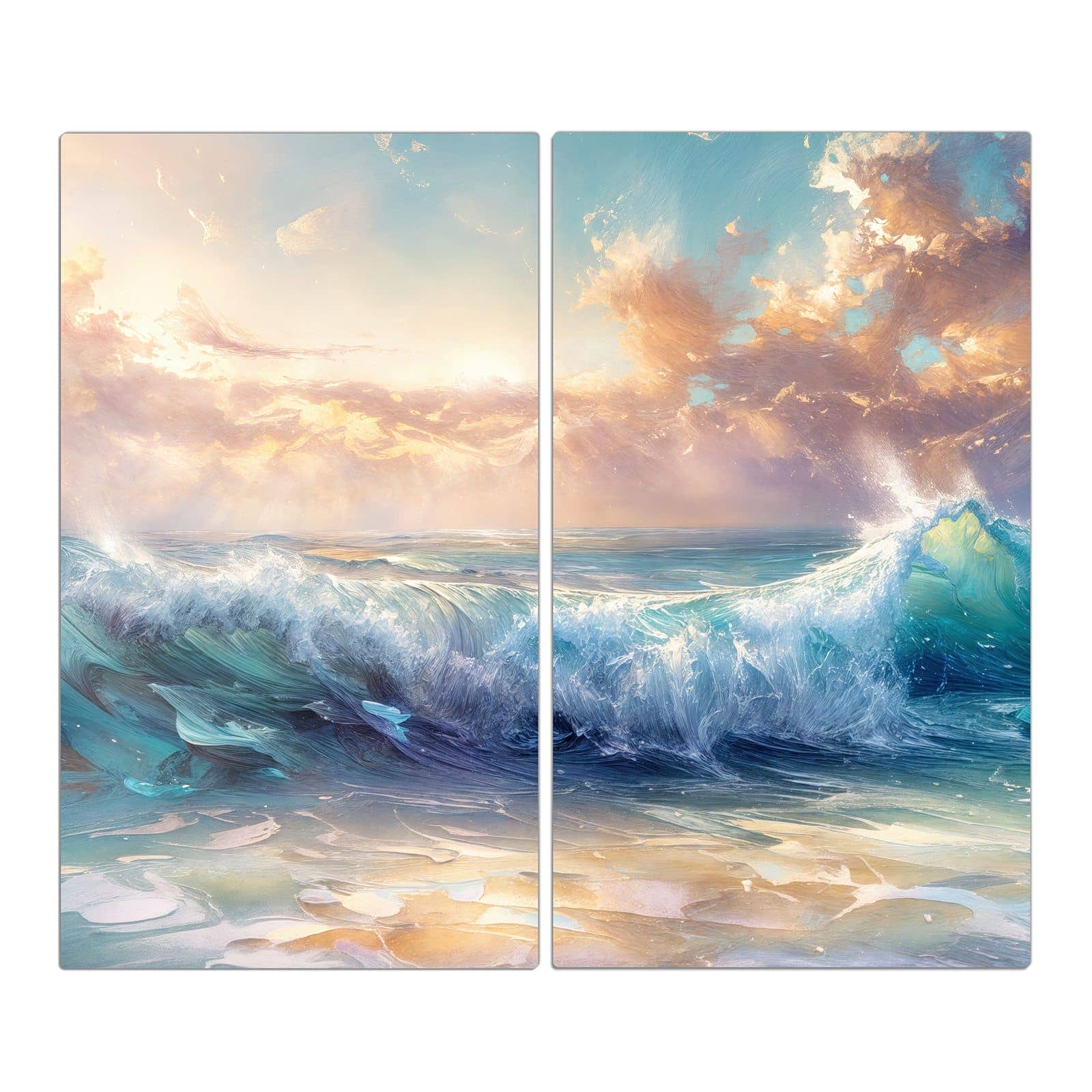 2-teilige Herdabdeckplatten mit Ozeanwellen Sonnenaufgang-Motiv in der Frontansicht #grösse_2-Teilig (60x52cm)