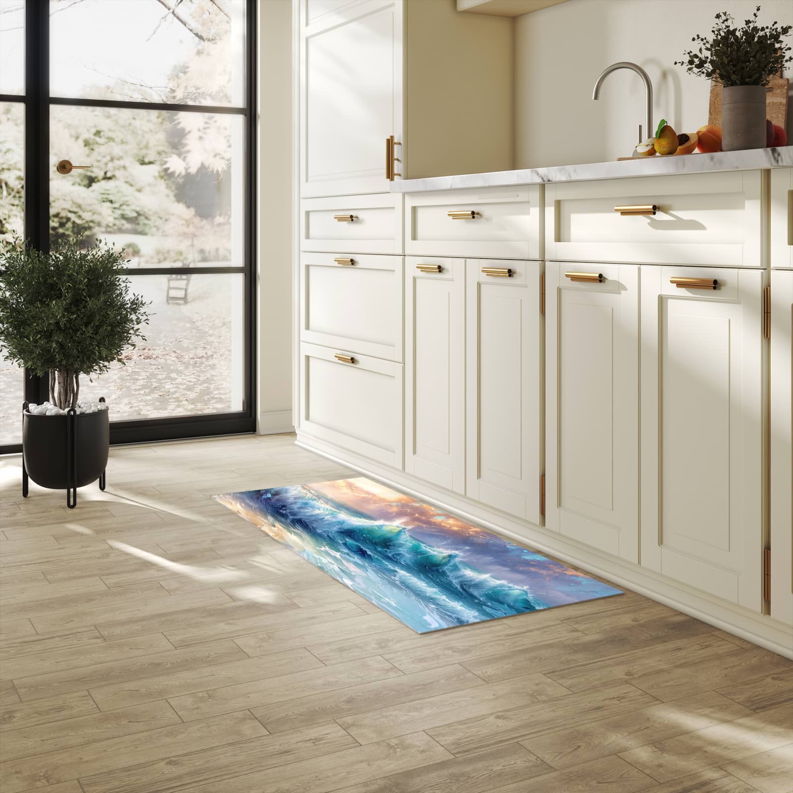 Langlebiger Küchenteppich mit Motiv Ozeanwellen Sonnenaufgang in heller Küche