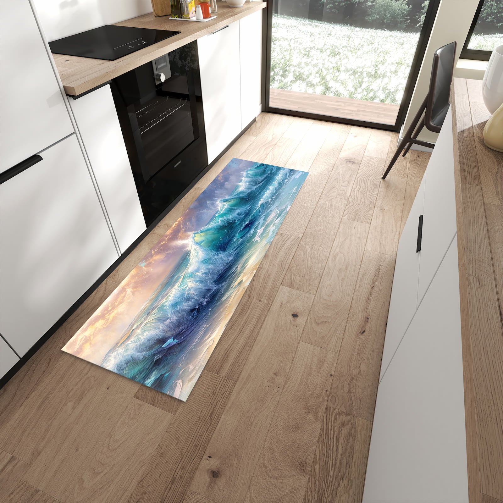 Bodenschonender Küchenläufer nach Maß mit Motiv Ozeanwellen Sonnenaufgang in moderner Küche