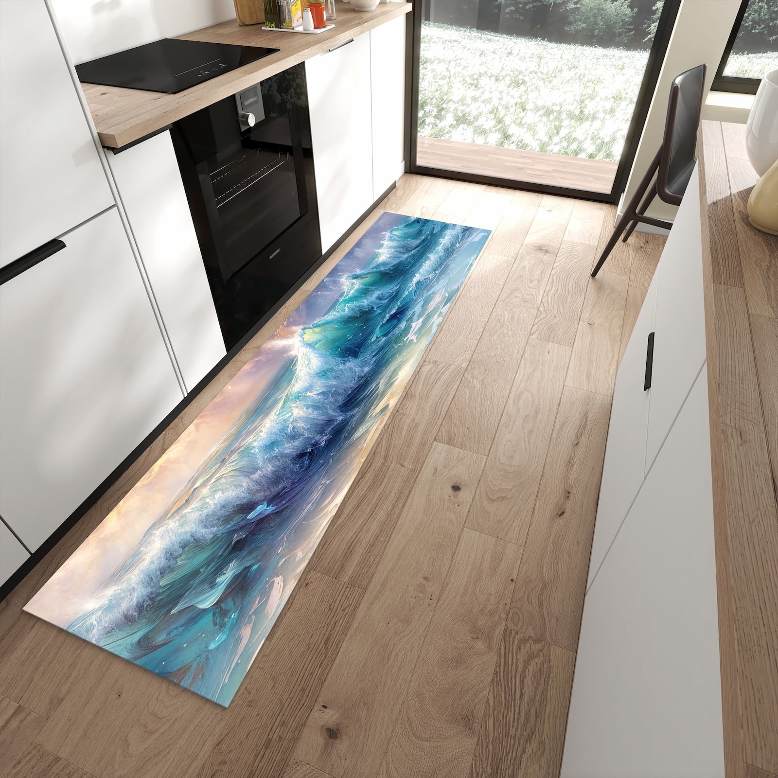 Farbbeständiger Küchenläufer mit Motiv Ozeanwellen Sonnenaufgang in moderner Küche zum Waschen