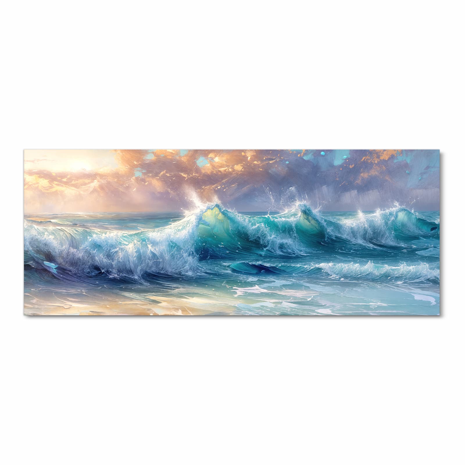 Flacher Küchenläufer mit Motiv Ozeanwellen Sonnenaufgang in Frontansicht für die Küche