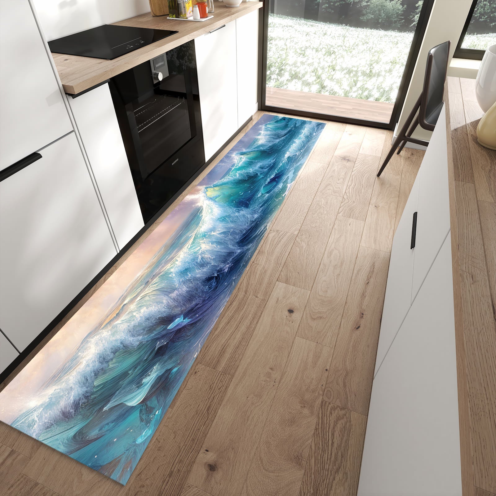 Abwaschbarer Küchenläufer mit Motiv Ozeanwellen Sonnenaufgang in moderner Küche