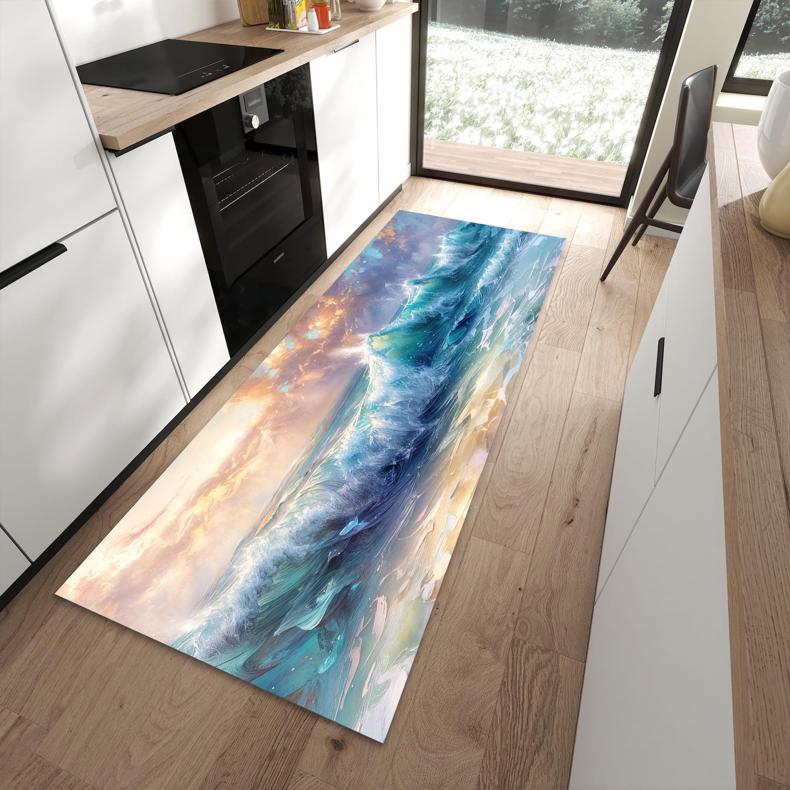 Fleckenresistenter Küchenteppich mit Motiv Ozeanwellen Sonnenaufgang in moderner Küche