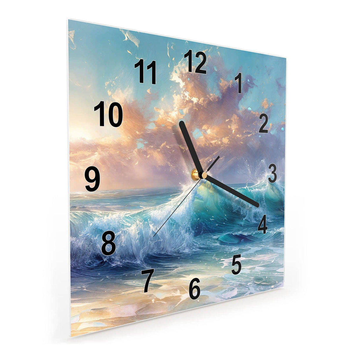 Quadratische Wanduhr aus Glas Schäumende Wellen schräg von der Seite, 4 mm starkes Glas