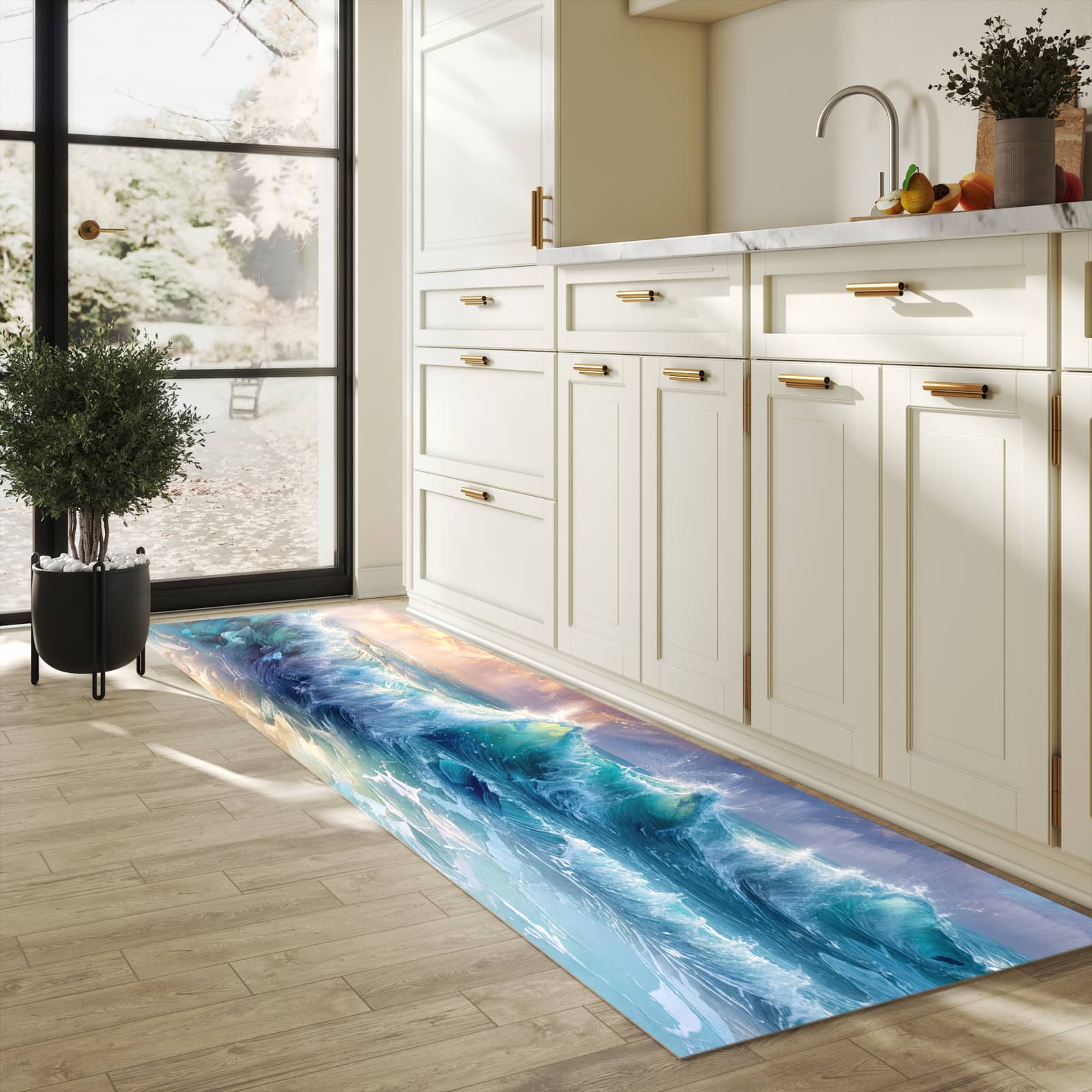 Zeitsparender waschbarer Küchenteppich mit Motiv Ozeanwellen Sonnenaufgang in heller Küche