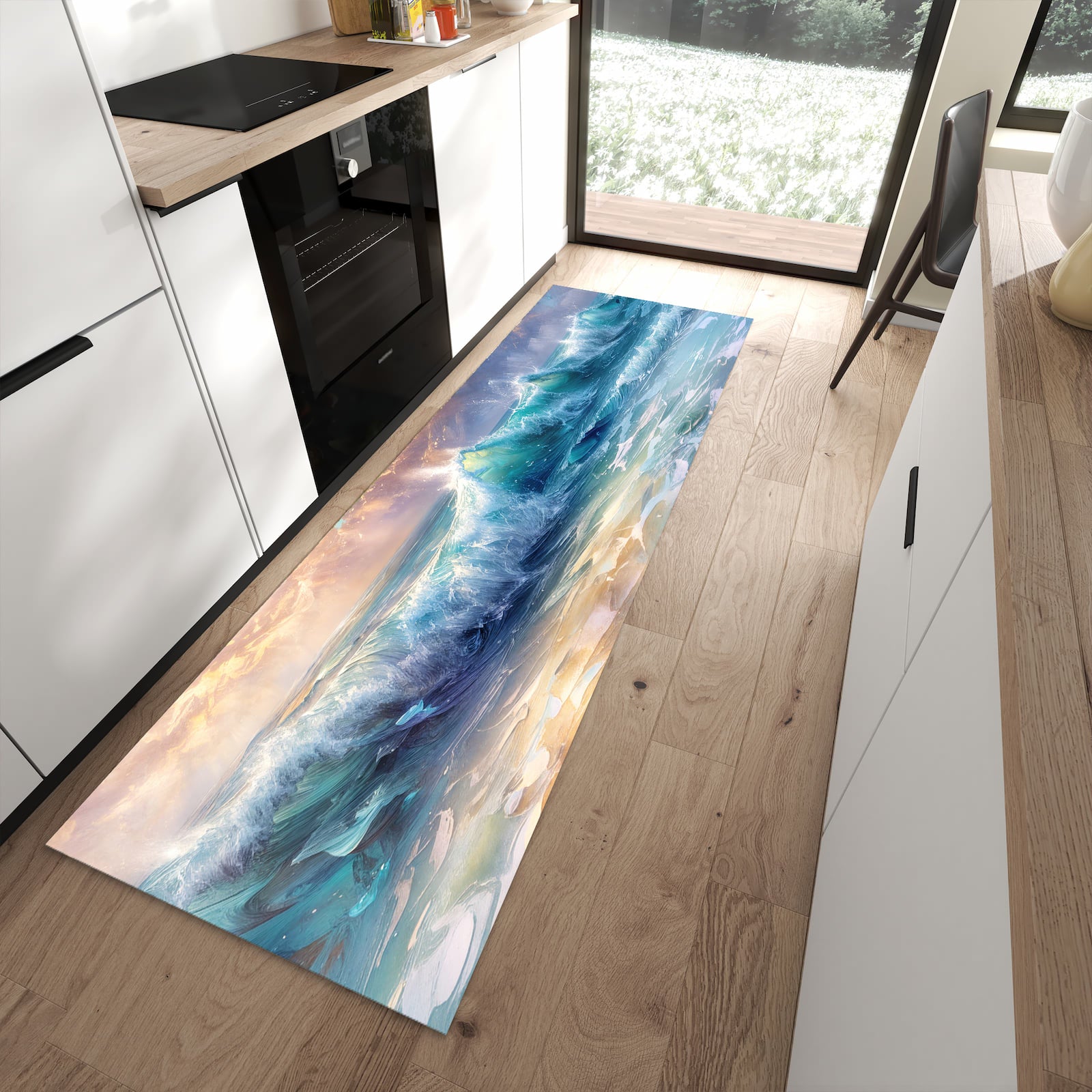 Abriebfester Küchenteppich mit Motiv Ozeanwellen Sonnenaufgang in moderner Küche