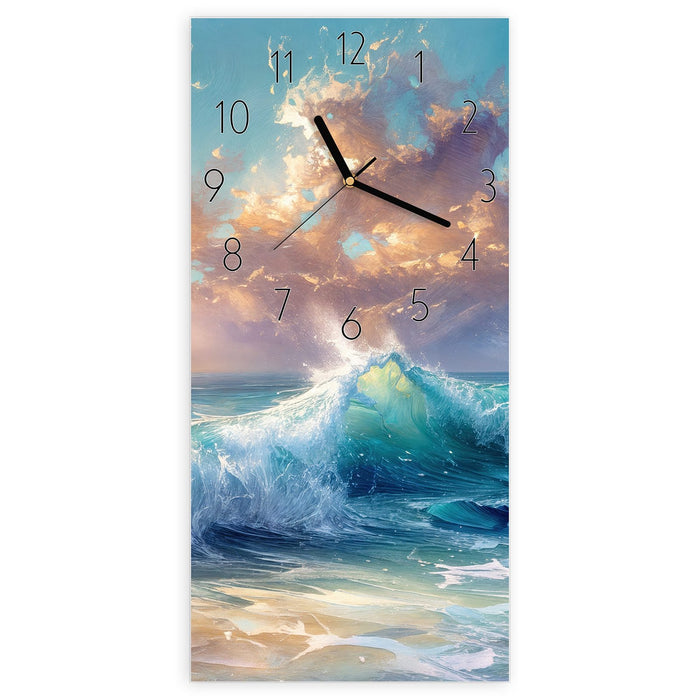 Wanduhr Ozeanwellen Sonnenaufgang aus Glas – Hochformat 30 × 60 cm mit Ziffernblatt Elegant
