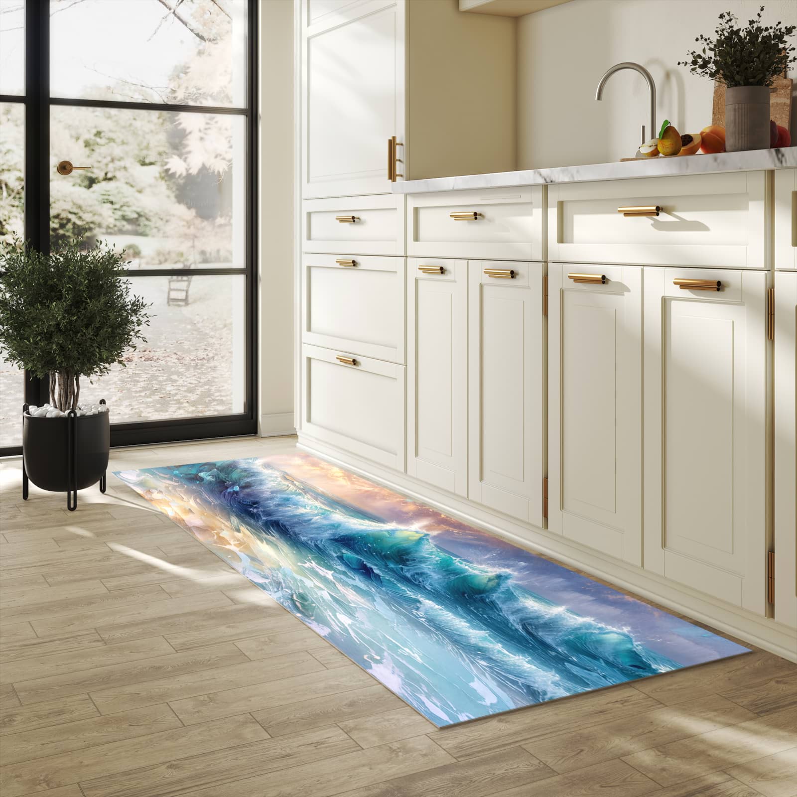 Formstabiler großer Küchenteppich mit Motiv Ozeanwellen Sonnenaufgang in heller Küche