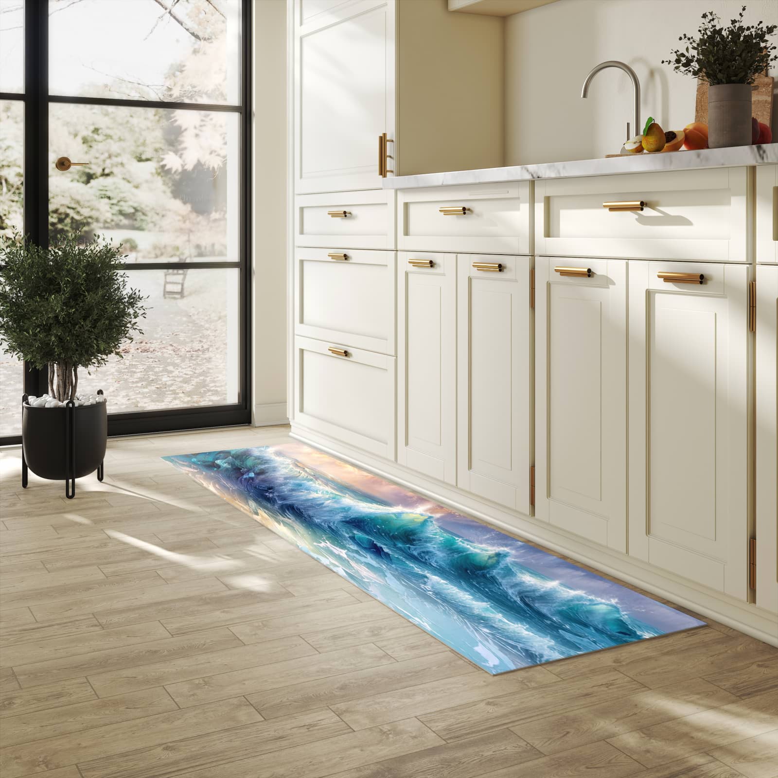 Feuchtigkeitsresistenter Küchenteppich mit Motiv Ozeanwellen Sonnenaufgang in heller Küche