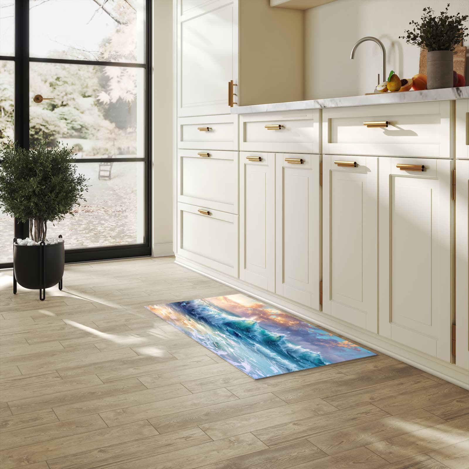 Waschbarer Bodenläufer Teppich mit Motiv Ozeanwellen Sonnenaufgang in heller Küche