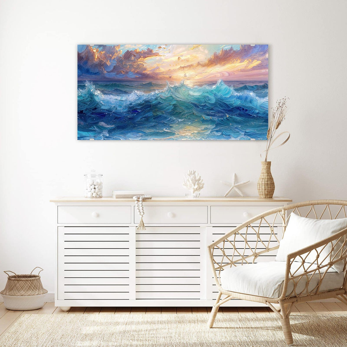Echtglas, 4 mm – kein Acryl, keine Folie – Wandbild - Wellen in Ölfarben - Querformat