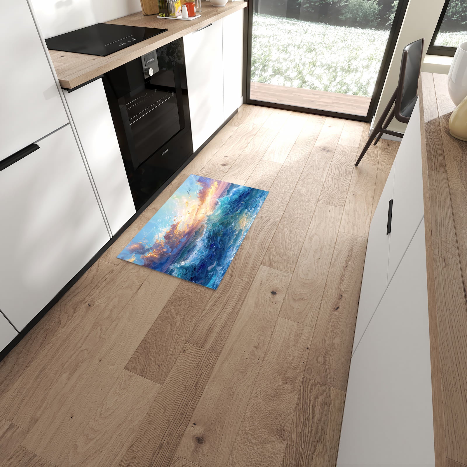 Küchenteppich mit Motiv Wellen und Himmel für angenehme Haptik in moderner Küche