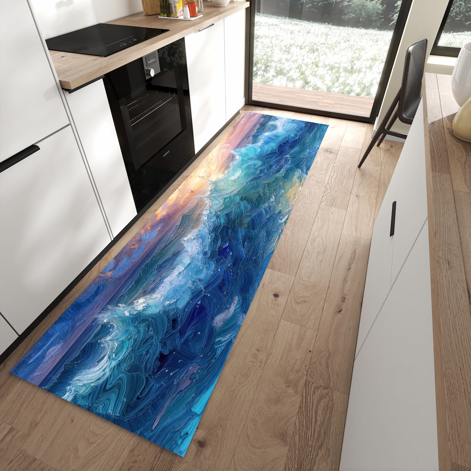 Waschbarer Küchenläufer mit Motiv Wellen und Himmel in moderner Küche