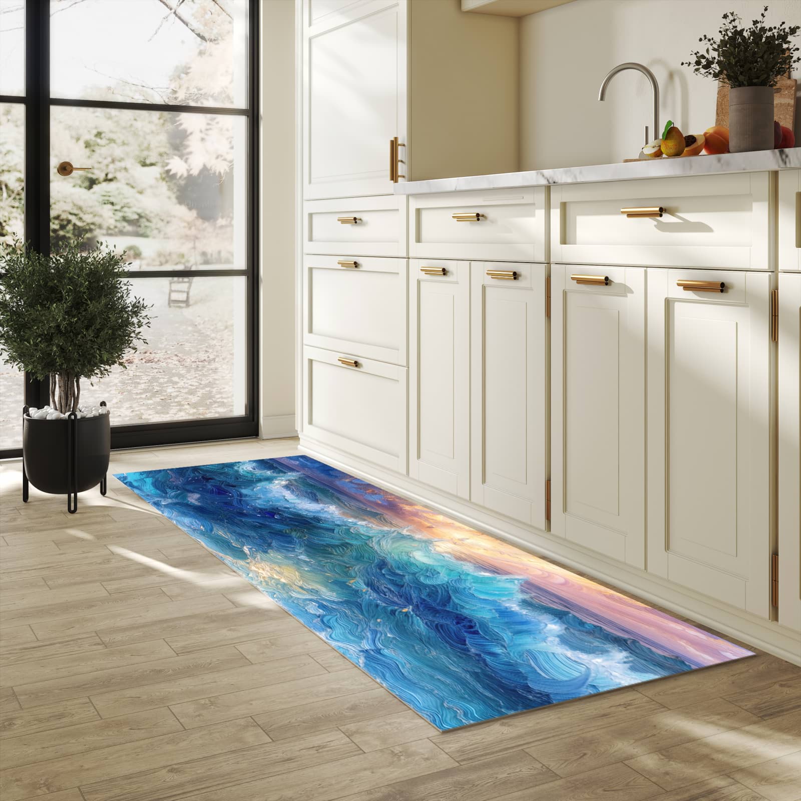 Rutschfester dünner Küchenteppich mit Motiv Wellen und Himmel in heller Küche