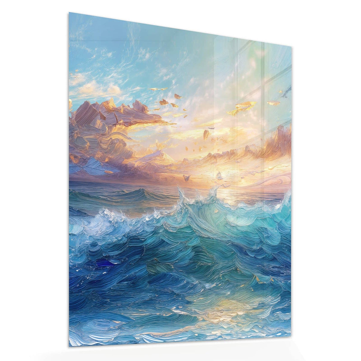 Echtglas, 4 mm – kein Acryl, keine Folie – Wandbild - Wellen in Ölfarben - Hochformat