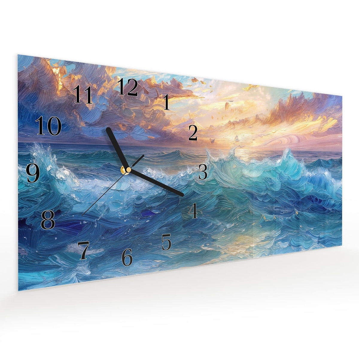 Vormontiert – mit Schwebeeffekt – Wanduhr Wellen und Himmel aus Glas – Querformat 60 × 30 cm